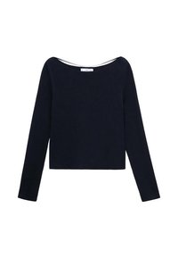 Haut tricot noir à manches longues avec encolure bateau et ourlet droit, posé à plat sur un fond blanc.