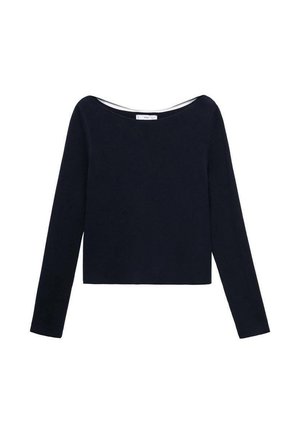 Black long-sleeve knit top with boat neckline and straight hem, laid flat on a white background.