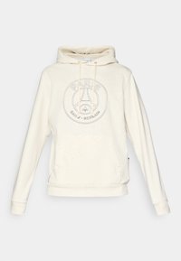 Krémová mikina s kapucňou, predným vreckom a sťahovacími šnúrkami, so na hrudi vyšitým logom Paris Saint-Germain.