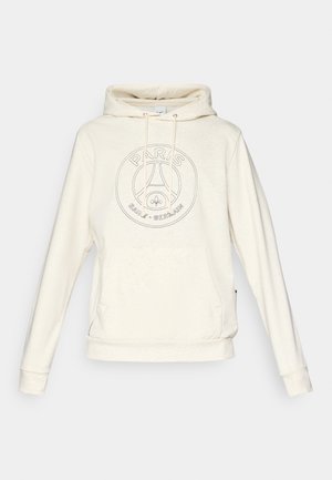 Cremfarbener Hoodie mit Fronttasche und Kordeln, mit dem auf der Brust gestickten Logo von Paris Saint-Germain.