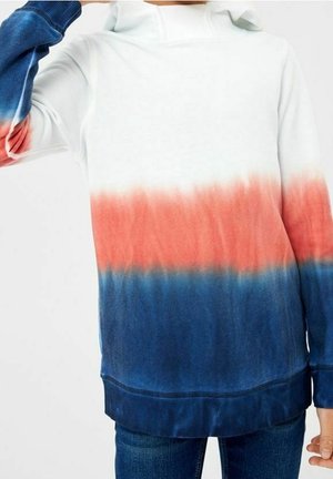 Sudadera con capucha de diseño degradado, que pasa de blanco en la parte superior a coral y azul marino en la parte inferior. Tejido suave, puños acanalados.