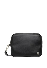 Borsa rettangolare nera in pelle con texture liscia, dotata di dettagli in metallo argentato e una tracolla removibile per maggiore versatilità.