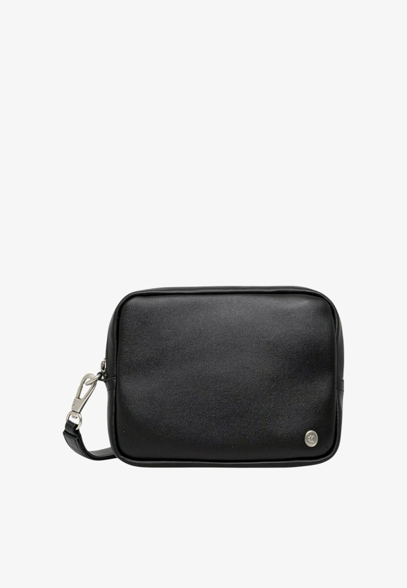 Borsa rettangolare nera in pelle con texture liscia, dotata di dettagli in metallo argentato e una tracolla removibile per maggiore versatilità.