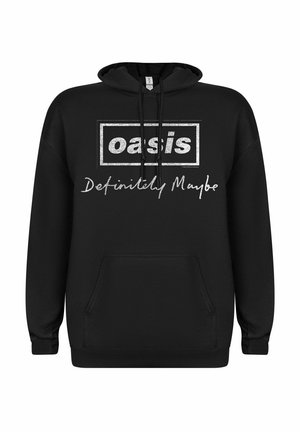 Sort hættetrøje med en frontlomme, hvor "oasis" står i hvide blokbogstaver, og "Definitely Maybe" er skrevet med kursiv. Blød stofstruktur.