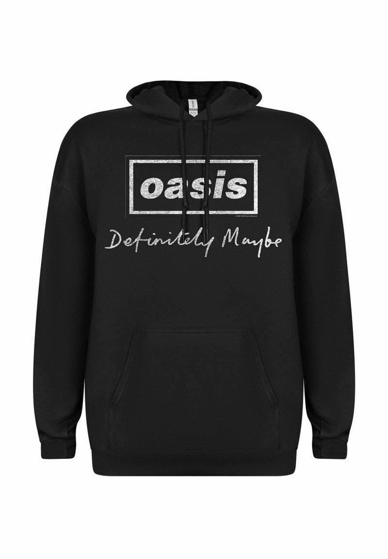 Sort hættetrøje med en frontlomme, hvor "oasis" står i hvide blokbogstaver, og "Definitely Maybe" er skrevet med kursiv. Blød stofstruktur.