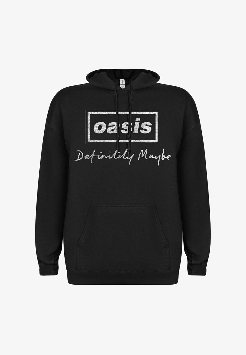 Schwarzer Kapuzenpullover mit einer Fronttasche, auf der in weißen Blockbuchstaben "oasis" und in kursiver Schrift "Definitely Maybe" steht. Weicher Stoff.