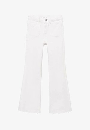 Bele trapperice iz denima s dugmetom sprijeda, dva stražnja džepa i detaljima s sirovim rubom. Imaju uski struk i široke nogavice.