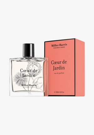 Klare Glasparfümflasche mit schwarzem Deckel, verziert mit blumigen Skizzen. Korallenfarbige Schachtel mit schwarzer Schrift, beschriftet "Cœur de Jardin", 100 ml.