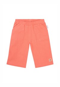 Korallenfarbene, gerippte Kinderhosen mit elastischem Bund, seitlichen Taschen und einem kleinen Logo-Patch nahe dem Saum.