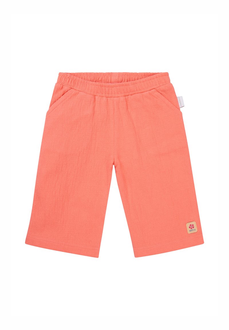 Coral, ribbed children's pants with an elastic waistband, side pockets, and a small logo patch near the hem.