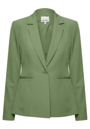Green blazer with a tailored fit, single button closure, notch lapels, and two front pockets. Smooth fabric with slight sheen.
