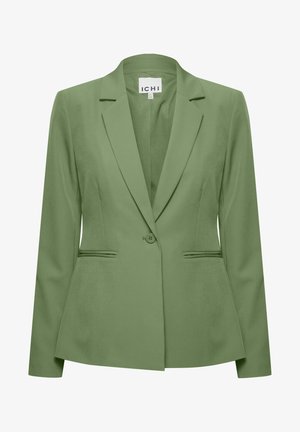 Zelený blazer s přizpůsobeným střihem, jednobuttonovým zapínáním, klopovými límci a dvěma předními kapsami. Hladká tkanina s mírným leskem.