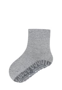 Gray ankle sock made of a soft, textured fabric; features a patterned grip sole for traction and a reinforced cuff.