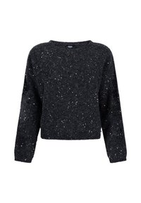 Zwarte trui met een cropped ontwerp, lange mouwen en een textuurgebreide stof. Sprankelende spikkels verbeteren de stof en voegen visuele interesse toe.