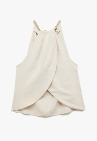Beige ærmeløs top med et draperet frontdesign, lavet af blødt stof. Har en plisseret halsudskæring og dekorative stropper.
