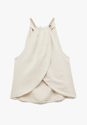 Beige mouwloos top met een gedrapeerd ontwerp aan de voorkant, gemaakt van zachte stof. Kenmerkt zich door een geplooide halslijn en decoratieve bandjes.