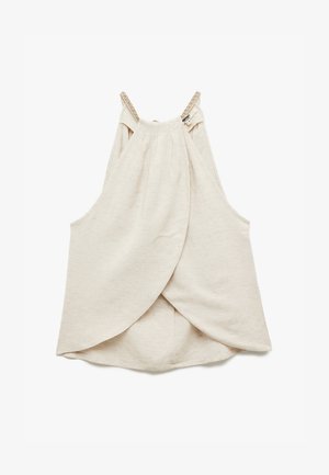Beige mouwloos top met een gedrapeerd ontwerp aan de voorkant, gemaakt van zachte stof. Kenmerkt zich door een geplooide halslijn en decoratieve bandjes.