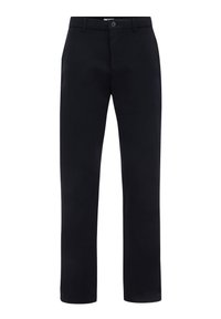 Schwarze Hose aus glattem Material, mit geradem Schnitt, Knopfverschluss und Gürtelschlaufen; keine sichtbaren Muster oder Akzente.