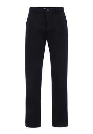 Melnas bikses, kas izgatavotas no gludas auduma, ar taisnu griezumu, pogu aizdari un jostu cilpiņām; nav redzamu rakstu vai akcentu.