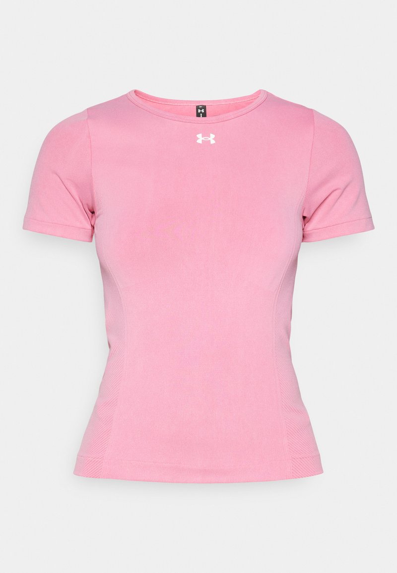 Maglietta atletica rosa a maniche corte realizzata in tessuto morbido. Presenta un colletto rotondo e un piccolo logo bianco sul petto. Design aderente.