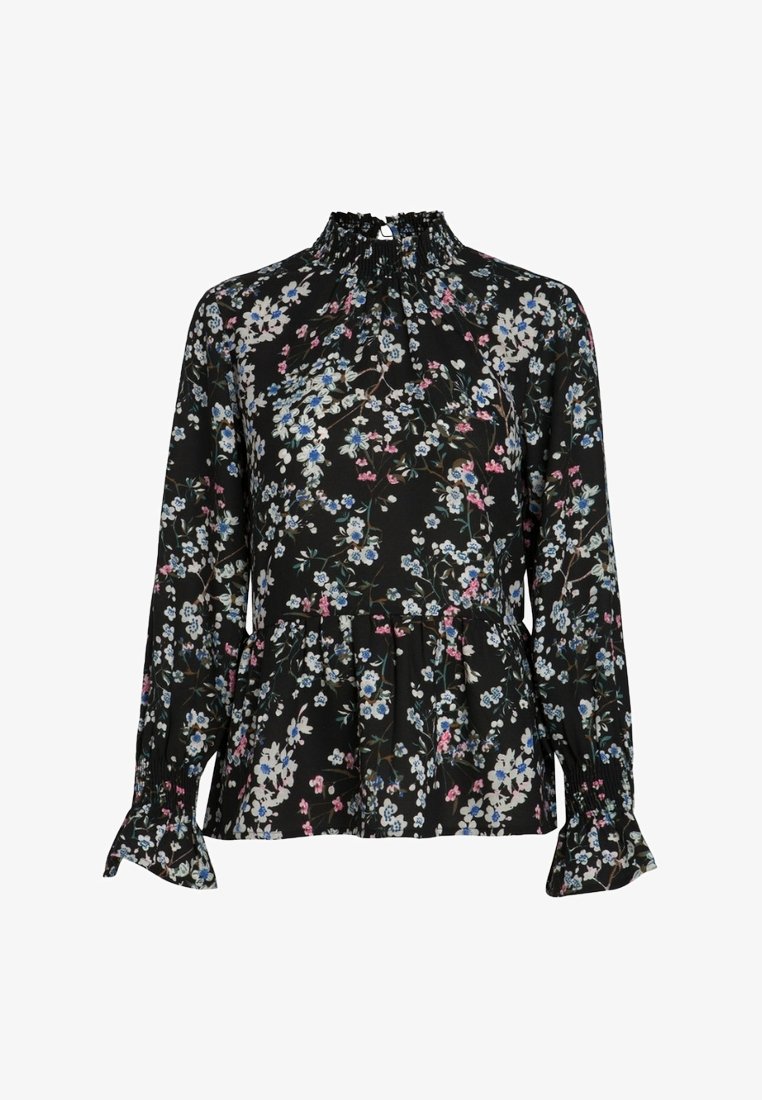 Blouse noire à manches longues avec col montant à volants et motif floral en fleurs blanches, bleues et roses, avec poignets froncés et taille peplum.