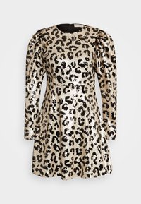 Robe en imprimé léopard avec de longues manches bouffantes, confectionnée en tissu pailleté doré et noir. Design à corsage ajusté et jupe évasée.