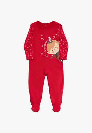 Mono rojo de manga larga, con un diseño de un personaje de dibujos animados y un patrón de bastones de caramelo en las mangas. Fabricado con tela suave y con diseño de pies.