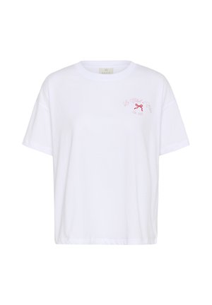 Biely bavlnený tričko s uvoľneným strihom, krátkymi rukávmi, okrúhlym výstrihom a ružovým textom s grafickým motívom mašle na prednej strane.