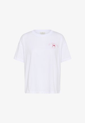 T-shirt in cotone bianco con vestibilità comoda, maniche corte, scollo rotondo e grafica testuale rosa con dettaglio a fiocco nella parte anteriore.