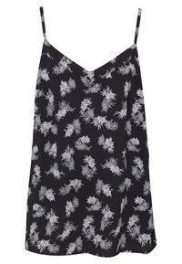 Svart ärmlös klänning med tunna band och ett vitt blommönster jämnt fördelat över tyget.