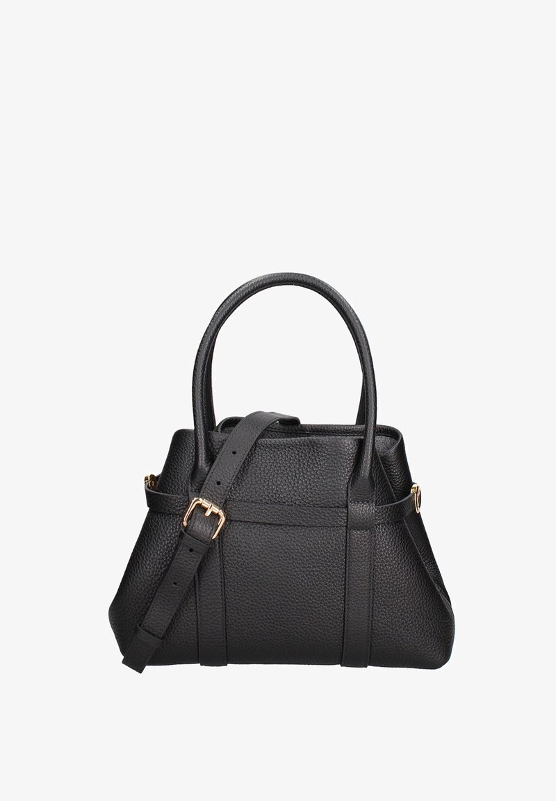 Borsa in pelle nera con texture a grana, doppi manici superiori e tracolla regolabile. Presenta dettagli in metallo color oro e una forma strutturata.