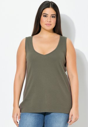 Olivenfarbene ärmellose Tanktop mit V-Ausschnitt, mit pinken Seiteneinsätzen und aus weichem Stoff. Lässige Passform und leichtes Design.