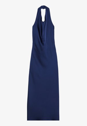 Robe sans manches bleu marine avec un design à col halter, tissu lisse, devant drapé et détail en cœur dans le dos, tombant jusqu'à un ourlet plein.