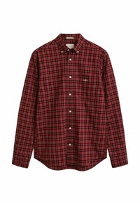 Red and black checkered button-up shirt in cotton, featuring a collar, long sleeves, and a chest pocket with a small logo.