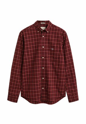 Red and black checkered button-up shirt in cotton, featuring a collar, long sleeves, and a chest pocket with a small logo.