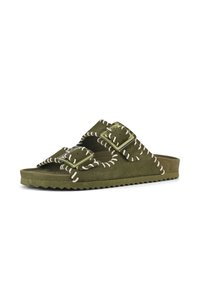 Green suede slide sandal with two large adjustable buckles, contrasting white stitching, and a textured sole with a zigzag pattern.