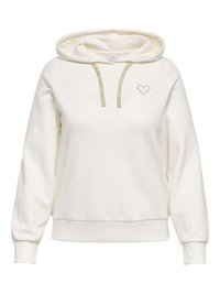 Ljuskrämfärgad luvtröja i mjukt tyg. Har metalliska guldnenor och en liten hjärtemblem på bröstet.