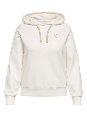 Ljuskrämfärgad luvtröja i mjukt tyg. Har metalliska guldnenor och en liten hjärtemblem på bröstet.