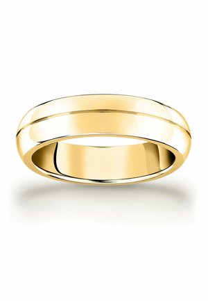 Plain polished gold wedding band with a subtle groove detail around its circumference, shown on a white background.