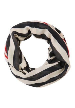 Lekki szalik typu infinity z czarno-biało-czerwonymi paskami, skręcony w okrągłą pętlę na białym tle.