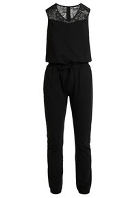 Svart jumpsuit med spetsdetalj vid halslinningen, ärmlös design, elastisk midja och smalnade benslut.