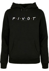 Felpa nera con tasca a marsupio, cappuccio con cordino e grafica colorata "P I V O T" in un carattere audace e giocoso attraversando il petto.