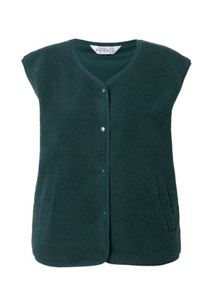Fleece-Weste in Dunkelgrün mit V-Ausschnitt, kurzen Ärmeln, vorn mit Knopfverschluss und zwei seitlichen Taschen. Weicher Stoff mit plüschiger Oberfläche.