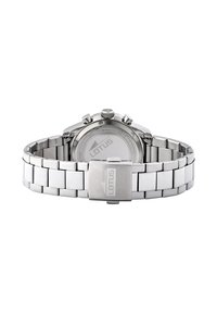 Srebrny zegarek ze stali nierdzewnej z bransoletą ogniwową, okrągłą kopertą i funkcjami chronografu. Wygrawerowane "LOTUS" na zapięciu i tylnej części koperty.