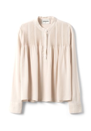 Crèmekleurige beige blouse met lange mouwen en verticale plooien, ronde kraag, vier knopen aan de voorkant en subtiele plooien op de manchetten van het merk Stefanel.