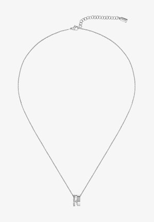 Zilveren ketting met een rechthoekige hanger met een gepolijste afwerking en een kleine accent van heldere stenen, beveiligd met een karabijnsluiting.