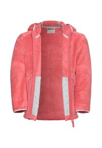 Coral fleece jacket with a detachable hood, featuring a full zipper and reflective accents along the front and side pockets.