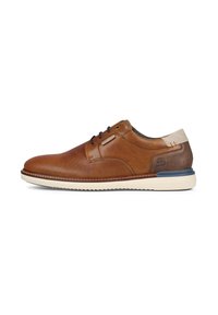Scarpa in pelle marrone con design perforato, lacci blu e suola chiara a contrasto. Accentatura sul tallone posteriore in un colore tan più chiaro.
