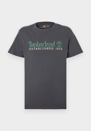 Grå bomulls-T-shirt med korta ärmar med texten "Timberland Established 1973" i grönt och beige, med en logotypaccent på vänster sida.