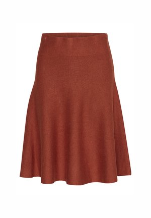 Ruda spalvos sijonas, pagamintas iš minkštos, elastingos medžiagos, su plačiu siluetu ir lygiu, elastingu juosmeniu.